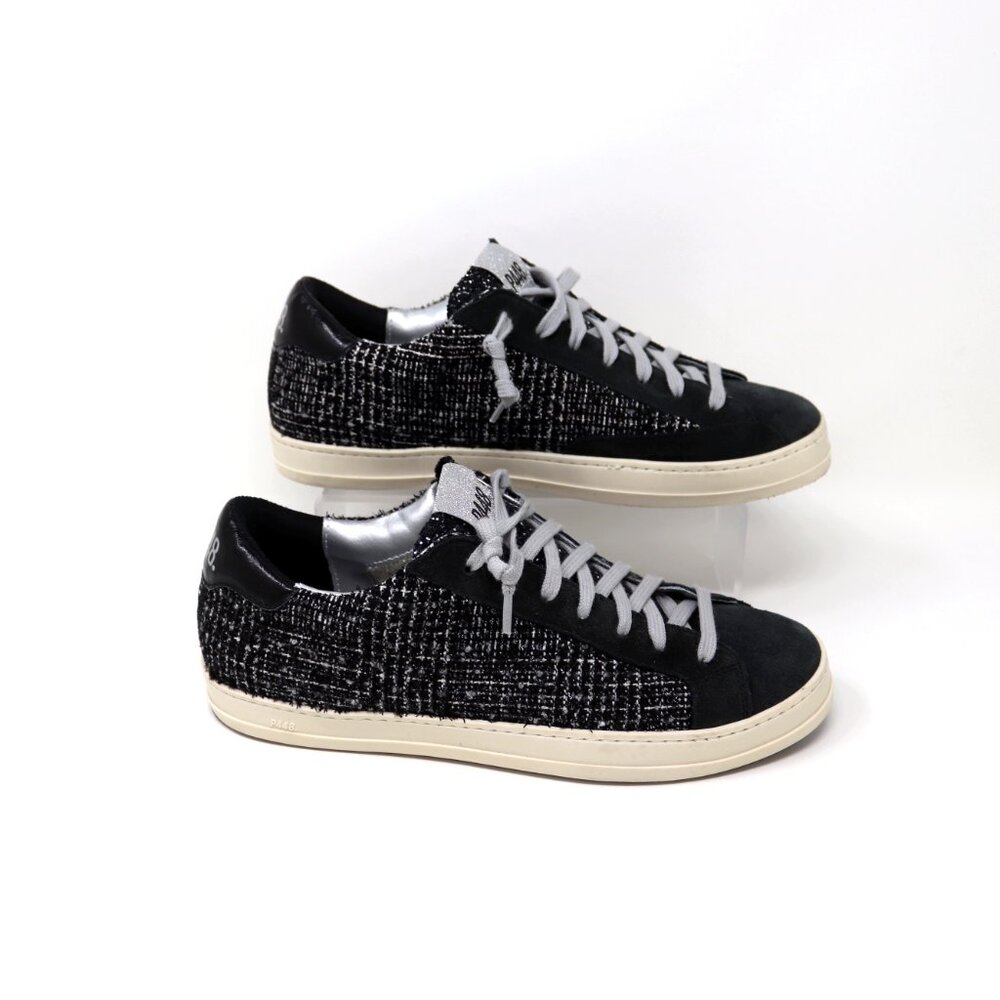 P448 Size 41 John Shaka Sneakers Black White Tweed & Suede - Picture 2 of 15